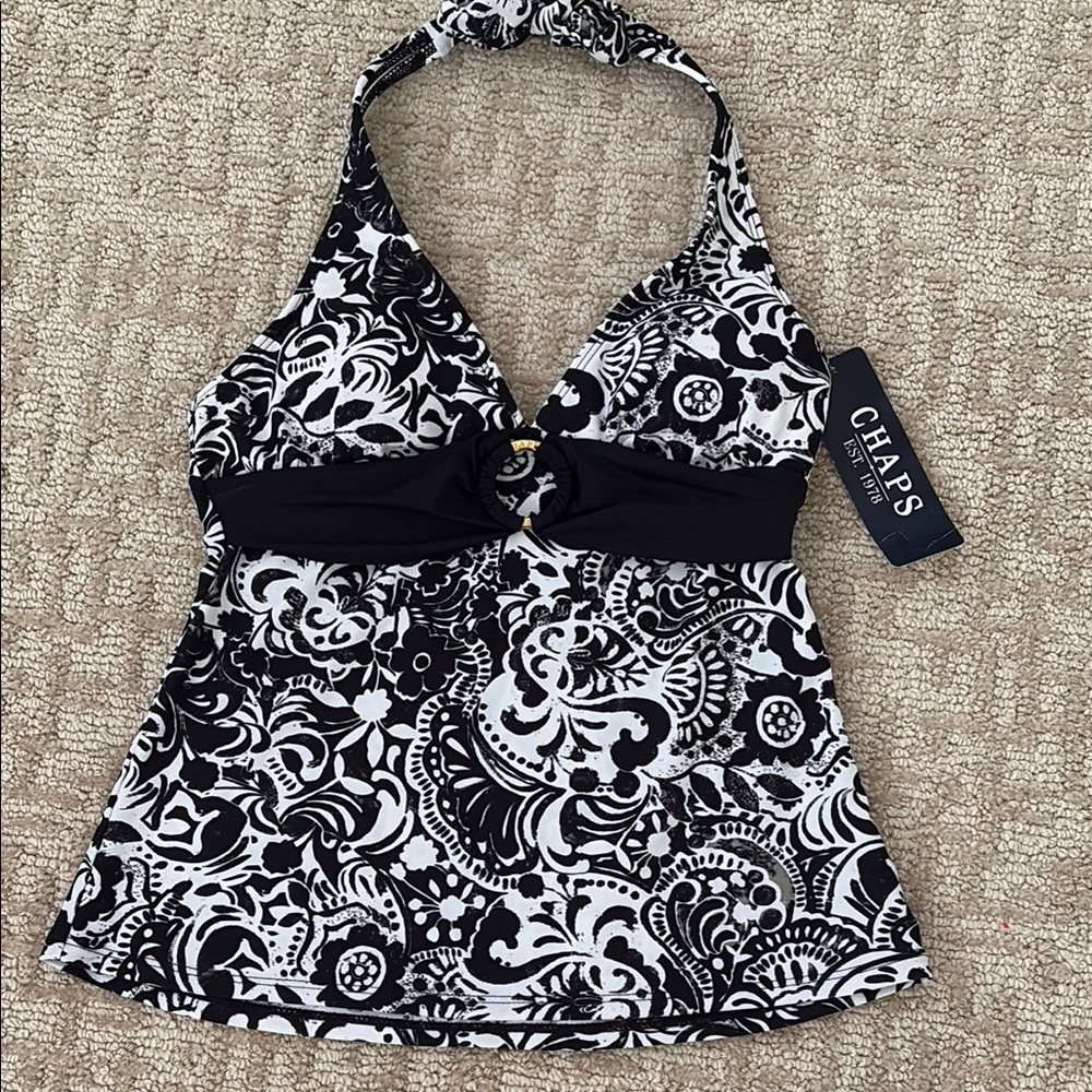 Chaps Monochrome Floral Halter Tankini Top